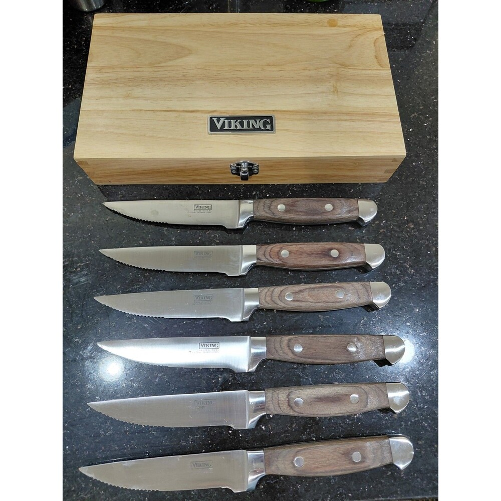 Viking 6 Piece German Stainless Steel Steak Knife Set with Pakkawood Handles Box